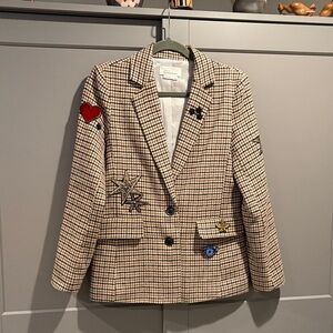 Anthropologie Plaid Women's Blazer with Embroidered Patches
